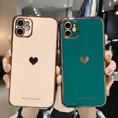 Cute Love Heart Plating Phone Case For iPhone 12 Pro 11 Pro Max XR X XS Max 7 8 Plus SE 2020 12 Mini Solid Color Soft TPU Cover