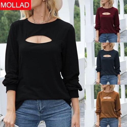 2021 Hot Autumn and Winter New Long Sleeve Solid Color Tops Hollow Sexy Top Lantern Sleeve T-shirt Womens Clothing