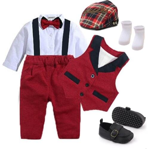 Newborn Baby Boy Clothes Party Birthday Handsome Suits Formal Outfit Take Picture Romper + Vest + Bow+Hat +Shoes+Socks