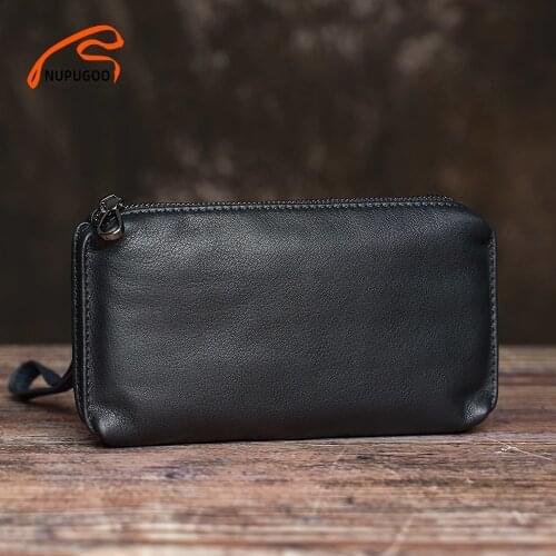 Casual Men Clutch Bag Genuine Leather Wallet Phone Mini Coin Purses Credit Card Holder Blue Business Small Money Bags NUPUGOO