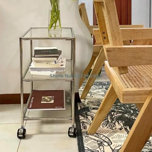 Simple Stainless Steel Side Table Movable Living Room Sofa Tempered Glass Corner Table Small Tea Table Simple Multi-layer Shelf