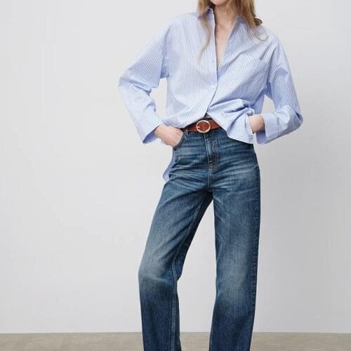 MXTIN 2021Women Fashion Oversize Blue Striped Blouses Vintage Lapel Collar Long Sleeve Irregular Female Shirts Blusas Casual Top