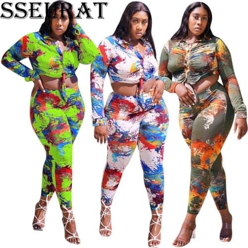 SSEURAT Women Tracksuit Splash Ink Bandage Crop Tops Pencil Pants Two Piece Sets Fashion Casual Outfit