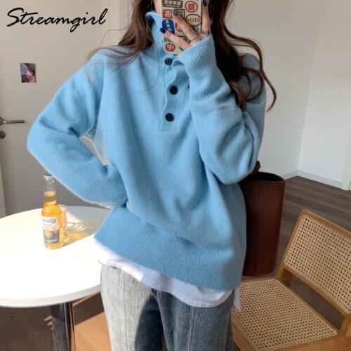 Turtleneck Women Sweater 2021 Loose Button Sweaters Lazy Sweter Womens Turtleneck Woman Sweaters Autumn Winter Pullovers Female