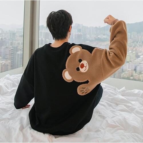 Teddy Bear Sweatshirt Man Spring Autumn Plush Thick Black Pullovers 2021 Men O Neck Long-sleeved Lamb Embroidery Coat Sweatshirt