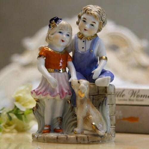 Unique Lovely Boy Girl Dog Porcelain Sculpture Best Children Gift Ceramic Figure Home Desk Decoration Artwork Statute Room Decor