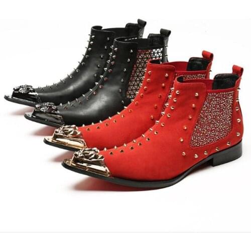 Rivets Knight Boots Men Western Style Pointed Toe Leather Short Boot Men T Stage Party Boots for Men