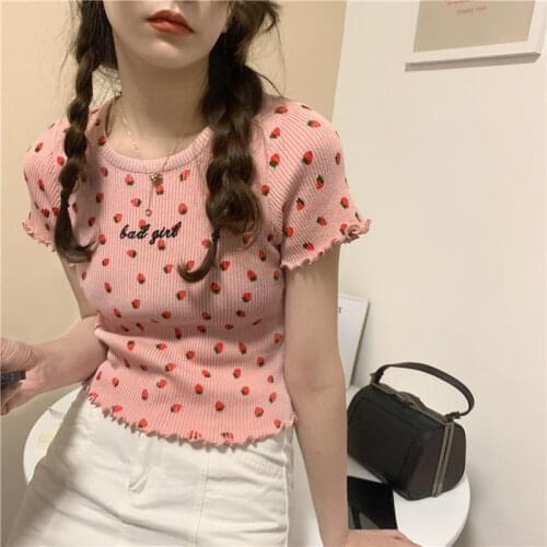 Woman TShirts Womens Short-Sleeved Knitted T-shirt for Summer 2021 Crop Top Mujer Camisetas