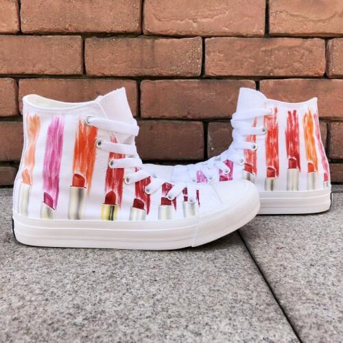 Wen Female Canvas White Shoes Custom Design Colorful Lipsticks Hand Painted Shoes High Top Laced Girl Womens Board Sneakers