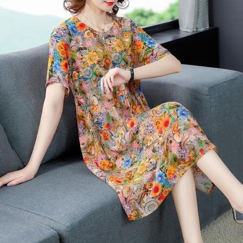 Women 2021 Summer Fashion O-neck Thin Silk Dresses Female New Loose A-line Dress Ladies Short Sleeve Printed Vestidos W81