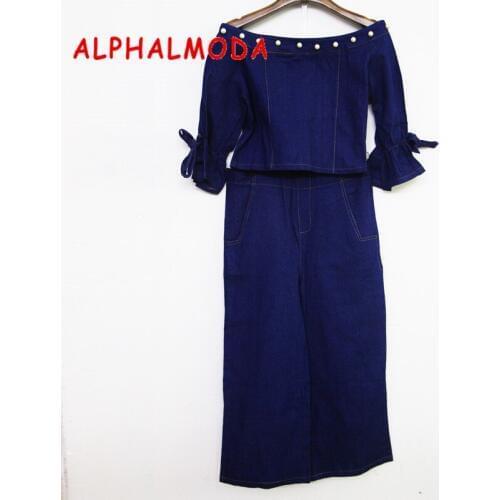 ALPHALMODA Beaded Denim Blouse + Wide-leg Calf Pants Women Autumn Fashion 2pcs Denim Sets Size Zipper Jeans Set