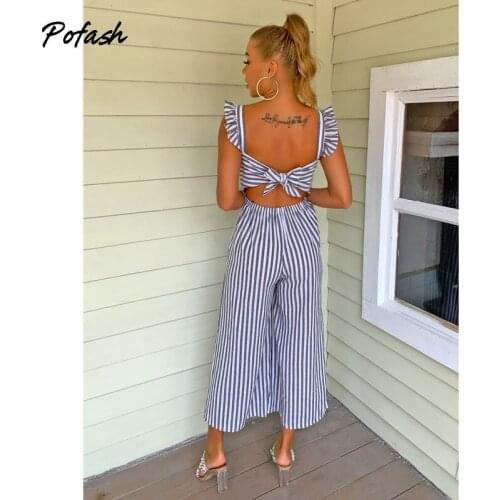 Pofash Backless Bow Summer Jumpsuits For Women 2021 Striped Ruffle Hollow Out Sexy Rompers Spaghetti Strap Loose Female Overalls