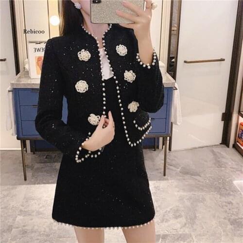 Womens Two Piece Set Autumn Winter Clothes Elegant Black Crop Top Pearl Beaded Tweed Jacket and Mini Skirt Suit Set