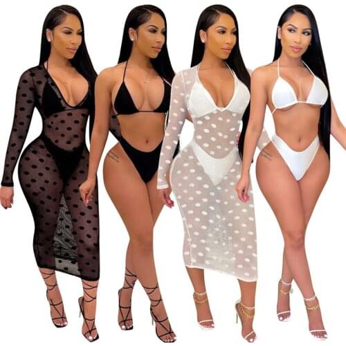 2021 Women Swimsuit Set Sexy Polka Dot Print Deep V-neck Bikini+Panties+See-through Mesh Cover Ups Beach Wear Biquinis
