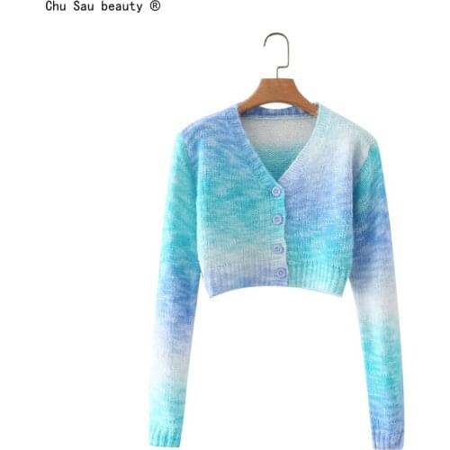 Spring Autumn 2021 Colorful Tie-Dye V-Neck Long Sleeve Single-Breasted Knit Cardigan Slim Ultra Crop Top Jacket Women Chic