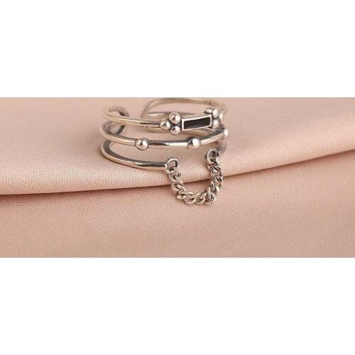 VENTFILLE 925 Sterling Silver INS Multilayer Retro Black Rectangular Chain Ring Jewelry for Women