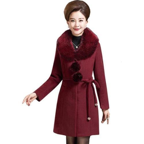Gifts For Mothers Winter Woolen Coat Women Warm Dark Buckle Large Fur Collar Long Wool Overcoat Thickening Middle-aged Parka 068