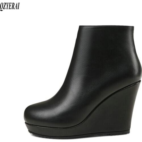 Winter black Genuine leather women boots ankle Female boots 9cm wedge Waterproof Taiwan Womens shoes Size 34-40