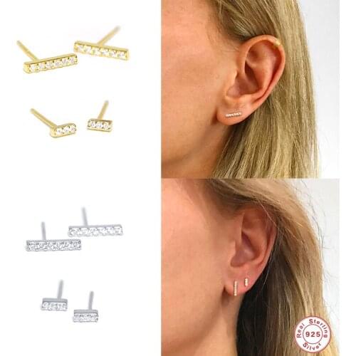 BOAKO 925 Sterling Silver Long Short Bar Stud Earrings for Women Geometric Minimalist Zircon Crystal Ear Stud Fine Jewelry Gifts