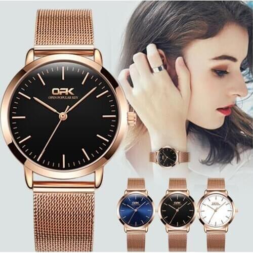 OPK Mens Womens Watch Ultra Thin Fashion Minimalist Stainless Steel Black Rose Gold Mesh Steel Strap Wristwatches l8101