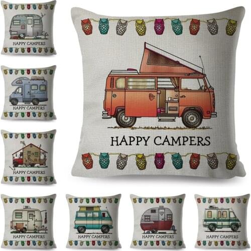 Happy Campers Pillow Case Decor Cartoon House Travel Car Cushion Cover for Sofa Home Children Room Polyester Pillowcase 45x45cm