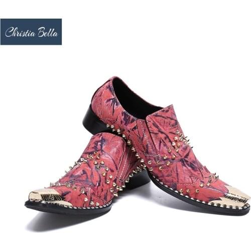 Christia Bella Fashion Rivets Genuine Leather Men Business Shoes Large Size Slip On Metal Pointed Toe Formal Dress Men Shoes