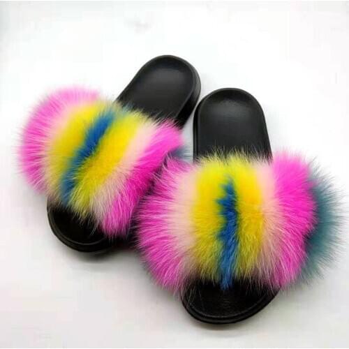 Childrens/Kids Fox Fur Slippers Fashion Rainbow Open Toe Sandals Womens Plush Flip Flops Ladies Fluffy Slides Female Fur Shoes