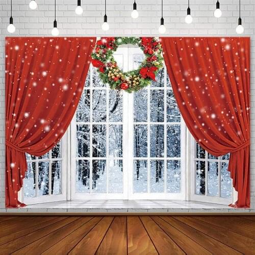 Winter Christmas Photography Background Wreath Bell Red Curtain Forest Tree Snow Bokeh Xmas Backdrop Photo Studio Prop Photozone