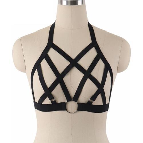 JLX.HARNESS Sexy Black Body Harness Elastic Cage Bra Bondage Harness Lingerie Crop Top Underwear Fetish Wear Cupless Bra O0232