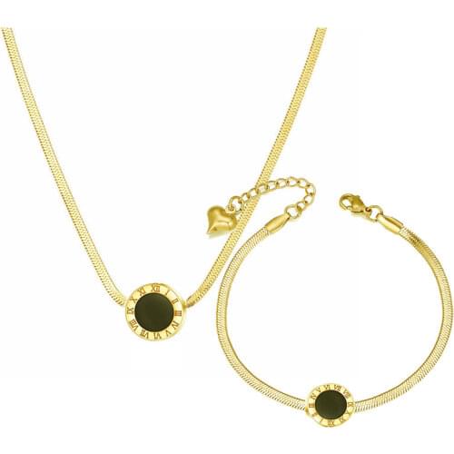 316L Stainless Steel Inlaid Zircon Roman Numerals Small Waist Color Bracelet Necklace Set Bijoux Acier Inoxidable Femme