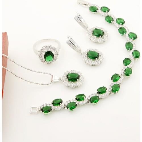 Russian Hot Sale Style Many Colors Green Stone Silver 925 Jewelry For Lady Earrings Ring Necklace With Bracelet Bridal Jewelry