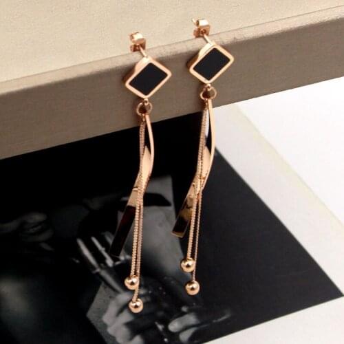 Fashion Black Square Hanging Bend Snake Bone Chain Steel Ball Tassel Rose Gold Earrings Woman Jewelry Wholesale
