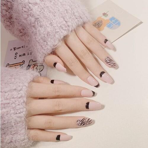 Wholesale 24PCS/box press on nails coffin Back French stripe design Middle length wearable full cover fake nail tips for girls