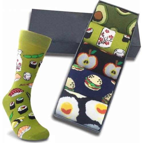 5 Pairs Pack Of Men And Women Cotton Socks Avocado Hamburger Plaid Long Striped Occident Trend Basketball Happy Art High Socks