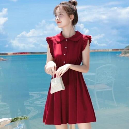 Dress Women Summer Sundress Red Peter Pan Collar Holiday Dresses Female Tunic Trend Korean Style Kawaii Pleated Sleeveless Chic