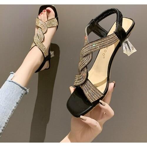 Spring and summer new fish mouth open toe with diamond elastic band holiday sandals travel fine-heeled Roman womens shoes X884