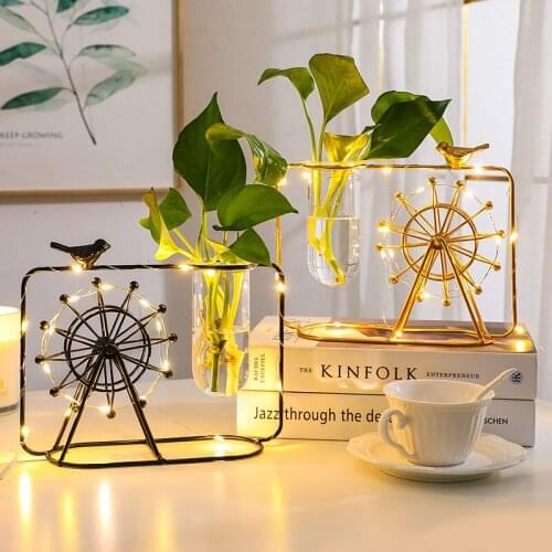 Nordic Ferris Wheel Glass Vase Hydroponic Plant Flower Arrangement Glass Tube Vase With Wrought Iron Flower Stand Decorations