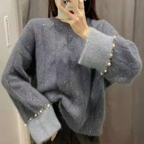2021 spring and autumn new net red celebrity heavy industry beaded soft waxy sweater pullover thick sweater coat lazy wind