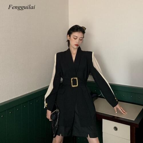 Loose Fit Black Spliced Hit Color Belt Jacket New Lapel Long Sleeve Women Coat Fashion Tide Spring Autumn 2021