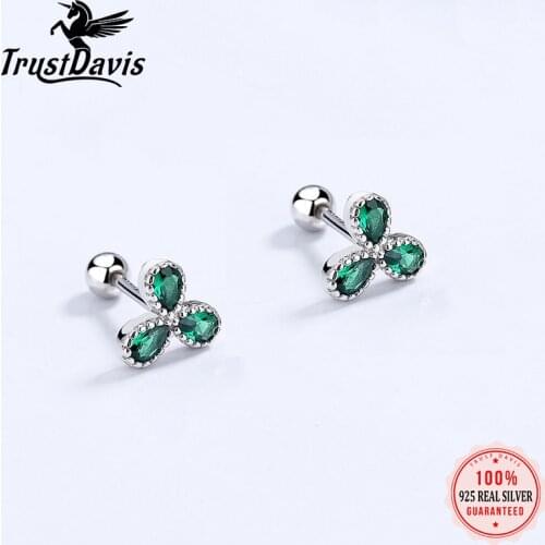 Trustdavis Real 925 Sterling Silver Fashion Flower Green CZ Beads Screw Stud Earrings For Women Wedding Fine S925 Jewelry DA2383