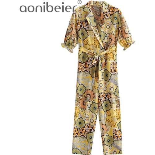Aonibeier 2021 Za Woman Rompers Traf Summer Drop Shoulder Short Sleeve Notched Collar Geo Print High Waist Ankle Length Jumpsuit
