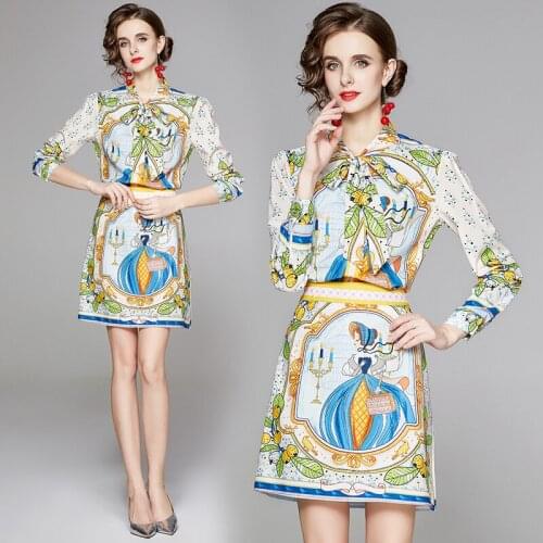 Summer Runway 2 Piece Womens Sets Vintage Print Bow Tie Neck Long Sleeve Casual Party Top Shirt Blouse Mini Skirt Suits Outfits