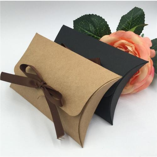 24pcs/lot Kraft Gift Boxes Paper Pillow shape Box wedding party favor supplies with ribbon, candy/petal/sugar/tea packaging box