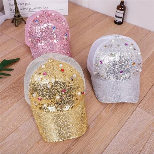 Children baseball cap Korean fashion sequined pearl cap Girls casual mesh sun visor hat for parent-child