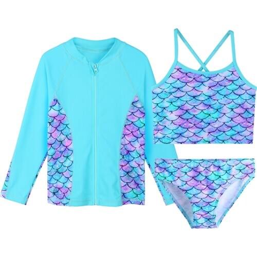 BAOHULU Childrens Swimwear Bikini Set for Girls Long Sleeve Sun Suit Cyan Scale Swimsuit Kids Toddler Bathing Suit Beachwear