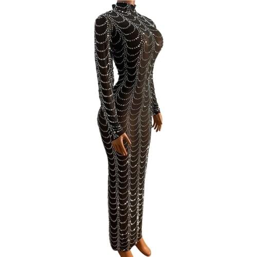 Women Birthday Party Prom Celebration Rhinestones Dress Singer Host Evening Performance Costume Long Sleeve Mesh Transparent