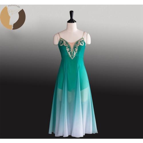 FLTOTURE Long Chiffon Skirt Girls Green Color Dance Costumes Professional Modern Ballet Custom Made Juliet Dancewear AT1281