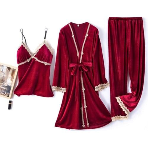 Robe Womens Fashion Velvet 3 Pieces Warm Winter Pajamas Sets Women Sexy Lace Robe Pajamas Sleepwear Kit Sleeveless Nightwear