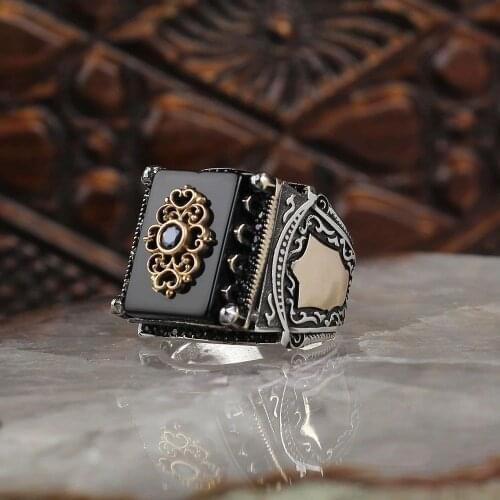 Onyx 925 Silver Engraved Traditional Handmade Turkish Signet Ring Jewelry Gift for Women Men