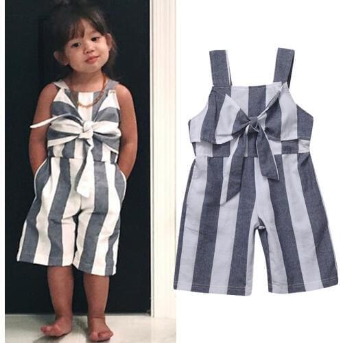 3-6T 2019 Kids Baby Girl Striped Bell Bottom Pants Overalls One-Pieces Strap Rompers Jumpsuit Outfit Clothes Gray White Bodysuit